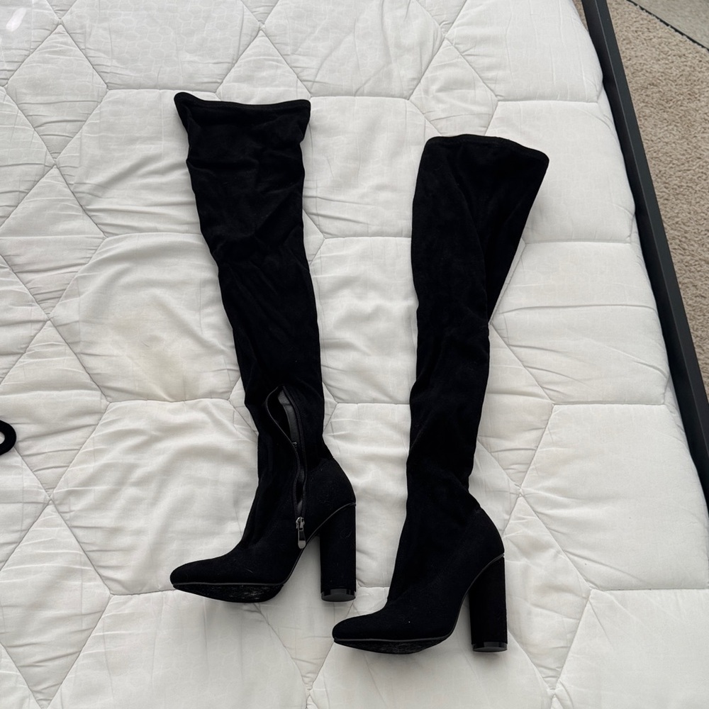 Miss Lola Black Over-the-Knee Block Heel Boots